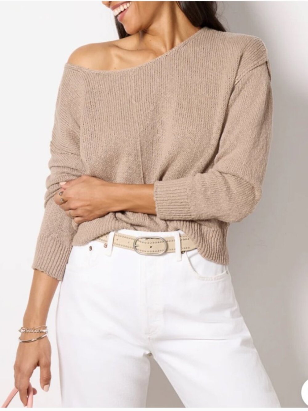 Evereve Naia Off Shoulder Pullover Sweater Slouchy Reverse Seams Taupe Medium